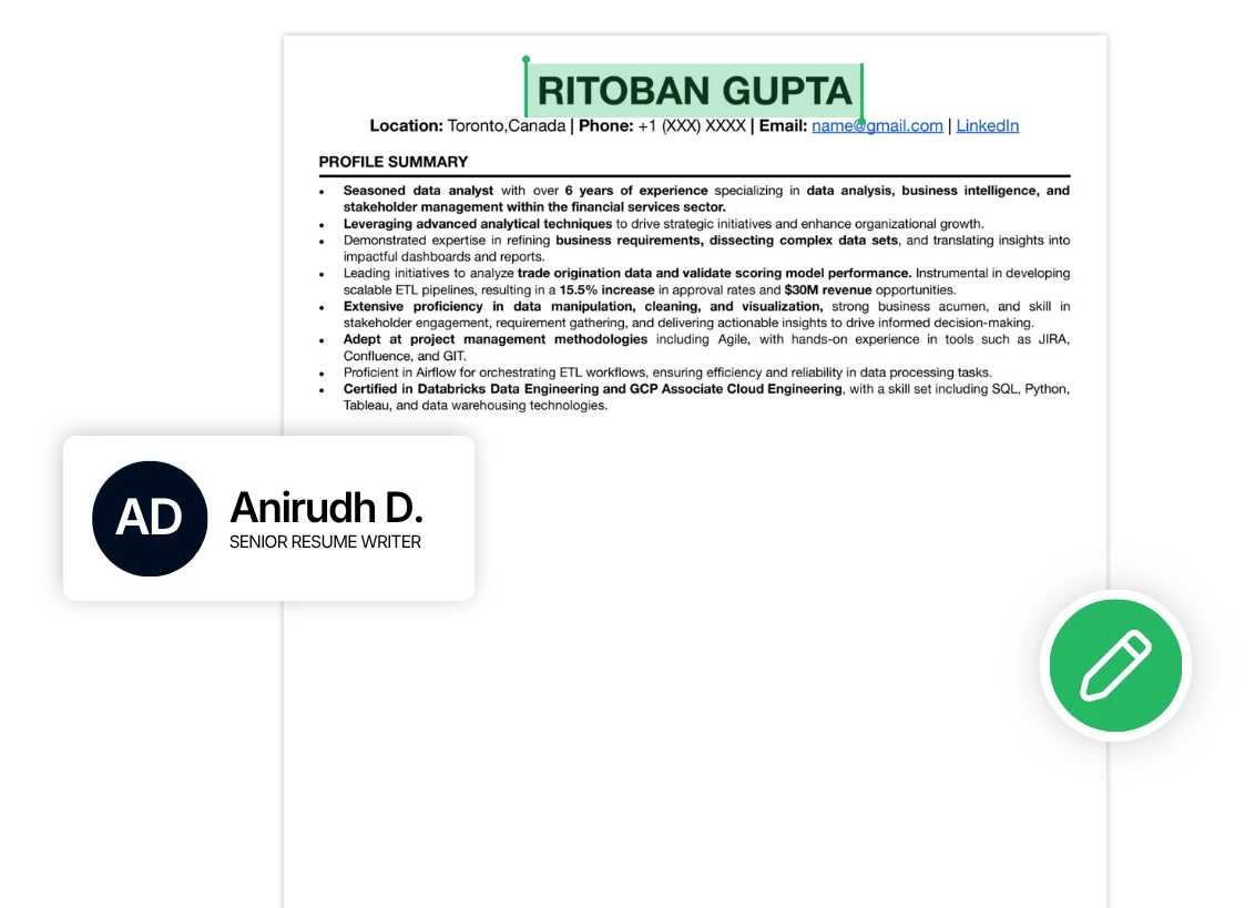 Resume document with Anirudh D. Senior Resume Writer assignment pill