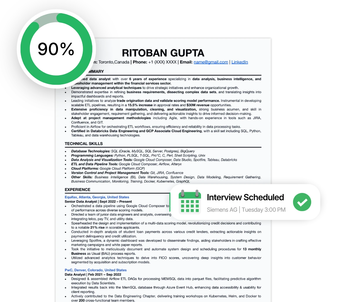 Final resume with 90% ATS score and Siemens AG interview scheduled confirmation