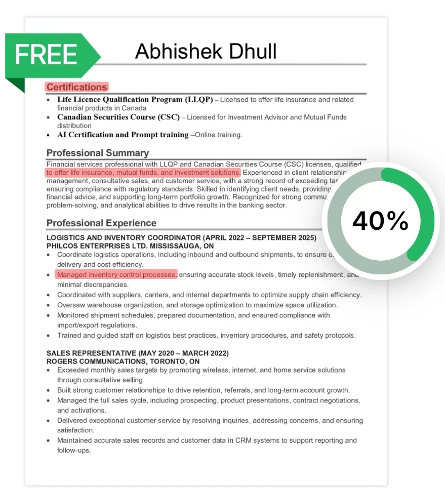 Free resume review mockup with FREE ribbon, highlighted issues, and 40% ATS score gauge